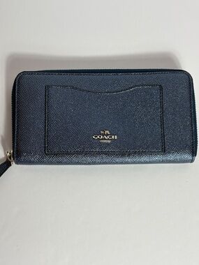 Coach Metallic Deep Blue Zip Accordion Wallet Exterior Pocket Zipper